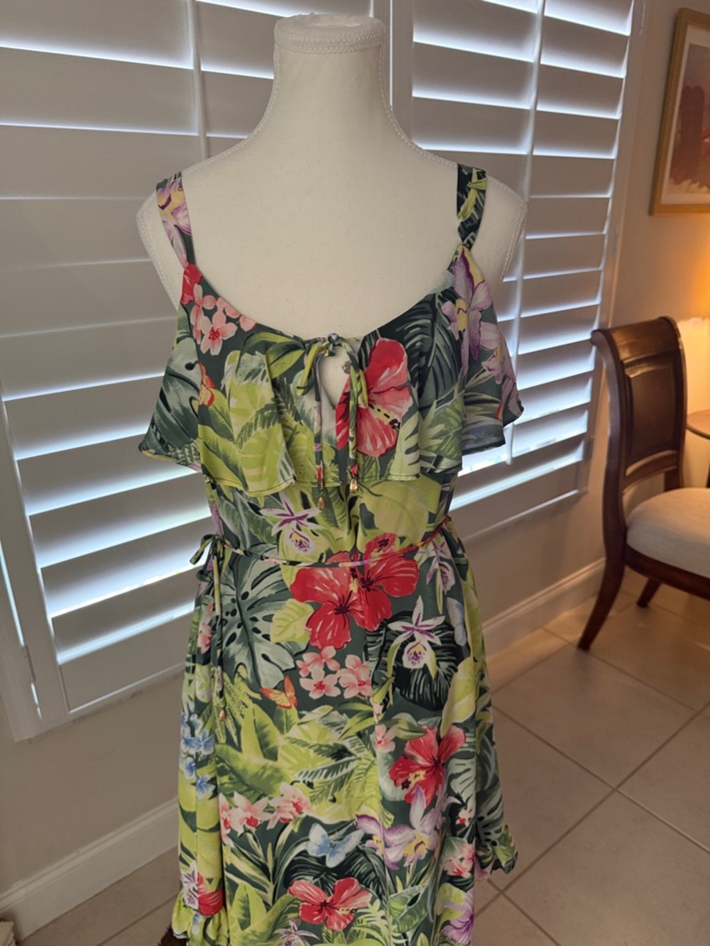 Tommy Bahama Olive and lime Green Floral Lined Dress with Pink Hibiscus